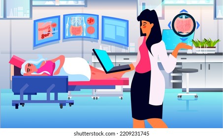 doctor examining stomach X-ray of female patient health care medical treatment concept
