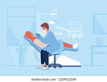 Doctor examining teeth of woman flat color vector illustration. Professional dentist and patient appointment 2D simple cartoon characters with hospital office interior on background