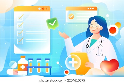 The doctor is examining, with various medicines and a shield in the background, vector illustration
