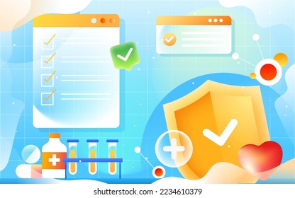 The doctor is examining, with various medicines and a shield in the background, vector illustration