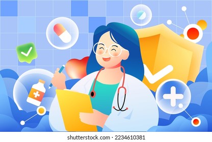 The doctor is examining, with various medicines and a shield in the background, vector illustration