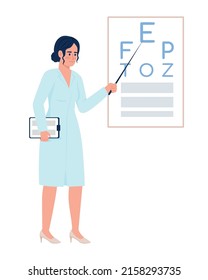 Doctor Examining Vision Semi Flat Color Vector Character. Standing Figure. Full Body Person On White. Simple Cartoon Style Illustration For Web Graphic Design And Animation. Comfortaa Font Used