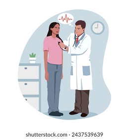 A doctor is examining woman heart. Doctor is wearing a white coat and a red tie. The woman is wearing a pink shirt. Doctor is using a stethoscope to listen to the woman heartbeat. Vector illustration