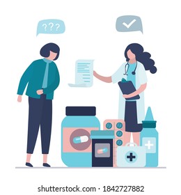 Doctor exams patient. Female character at doctor's appointment. Woman with sick stomach asking prescription for antibiotics and pills. Healthcare, medical help concept. Trendy flat vector illustration