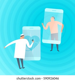 Doctor exams patient's heartbeat by phone. Online, tele medicine flat concept illustration. Medic with stethoscope listens heart at smartphone screen. Telemedicine, telehealth vector design element.