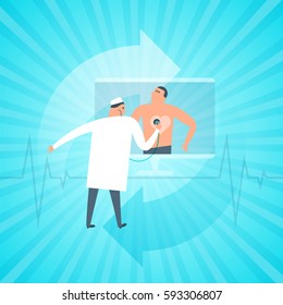 Doctor exams patient's heartbeat remotely by computer. Online, tele medicine flat concept illustration. Medic with stethoscope listens heart at monitor. Telemedicine, telehealth vector design element.