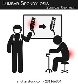 Doctor explain about surgical treatment of lumbar spondylosis and show spine imaging ( before and after operation by internal fixation with plate & screw ) ( stickman vector ) ( Spine care concept )