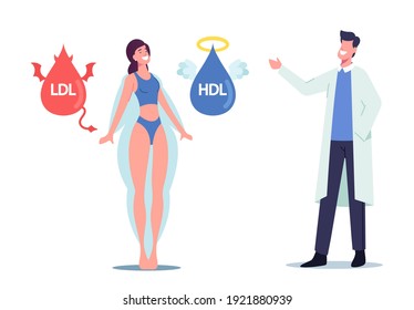 Doctor Explain to Female Patient about Good and Bad Cholesterol as Reason of Obesity. Woman Character Stand between Hdl and Ldl Fats Devil and Angel Lipid Drops. Cartoon People Vector Illustration