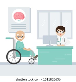 The doctor explain the symptoms of brain disease to senior patient.