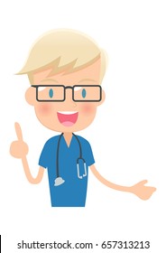 Doctor to explain in a uniform of the blue,The upper body