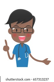 Doctor to explain in a uniform of the blue,The upper body