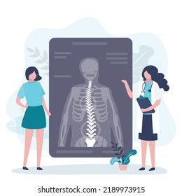 Doctor Explained To Patient Cause Of Back Pain. X-ray With Curved Spine In Several Places. Specialist Diagnoses Disorders Of Musculoskeletal System. Orthopedics, Radiography. Flat Vector Illustration