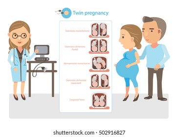  Doctor Explained Twin Pregnancy. Cartoon Vector Illustration.