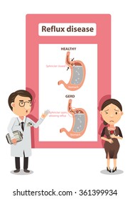 Doctor Explained To Women With Heartburn.diagram Showing Gastric Reflux .Info Graphic Vector Illustration