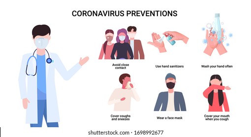 doctor explaining basic protective measures coronavirus prevention protect yourself from 2019-nCoV healthcare concept important information guidance to stay healthy horizontal vector illustration