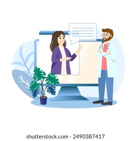 Doctor explaining diagnosis to patient through video call on computer, telemedicine concept