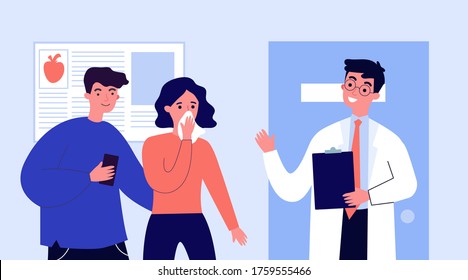 Doctor explaining diagnosis to patients. Flu, disease, consultation flat vector illustration. Healthcare and therapy concept for banner, website design or landing web page