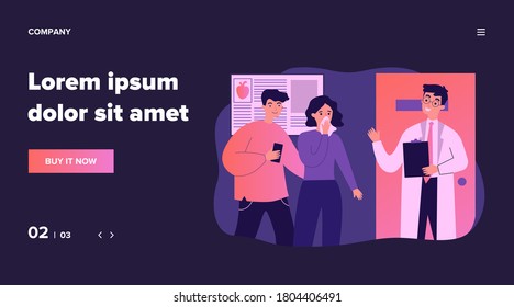 Doctor explaining diagnosis to patients. Flu, disease, consultation flat vector illustration. Healthcare and therapy concept for banner, website design or landing web page