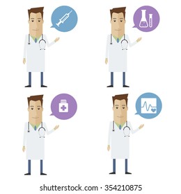 Doctor explaining different things related to medicine, design on white background
