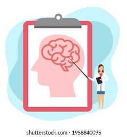 Doctor explaining human brain test result in flat design. Psychotherapy. Psychologist. Mental illness therapy.