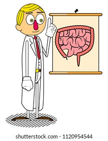 Doctor explaining the intestine. Vector cartoon character, health illustration.