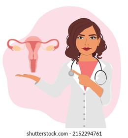 Doctor explaining on uterus structure and woman disease concept vector illustration on white background. Female gynecology internal organ flat design.