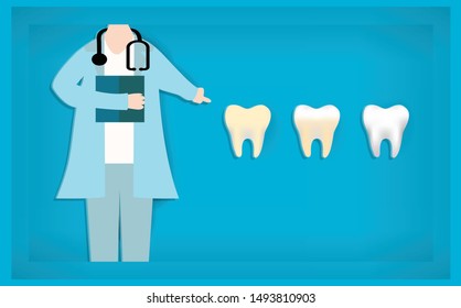 The doctor is explaining and recommending the prevention of tooth decay, from the shape of very yellow teeth to whiten teeth - vector