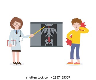 Doctor Explaining The Results Of A CT Scan Of The Spine To His Man Patient Suffering With Low Back Pain, Vector Flat Icon Cartoon Design Illustration Isolated On White Background