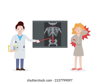 Doctor Explaining The Results Of A CT Scan Of The Spine To Her Woman Patient Suffering With Low Back Pain, Vector Flat Icon Cartoon Design Illustration Isolated On White Background