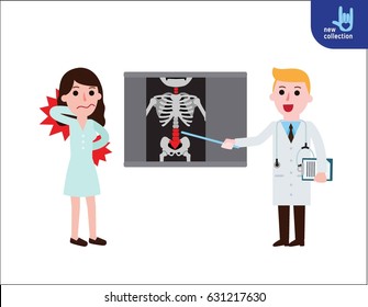 Doctor Explaining The Results Of A CT Scan
Of The Spine To Her Woman Patient Suffering With Low Back Pain.
Vector Flat Icon Cartoon Design Illustration