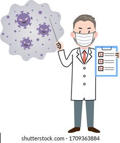 Doctor explicando el virus con un tablero de control