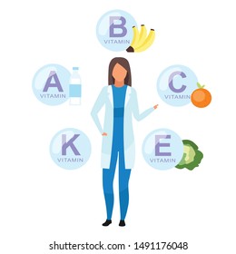 Doctor explaining vitamin sources flat vector illustration. Nutritionist offering fresh fruit, vegetables. Dietitian promoting dairy products consumption isolated cartoon character on white background