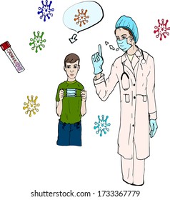 The doctor explains to the boy how to protect himself from the virus