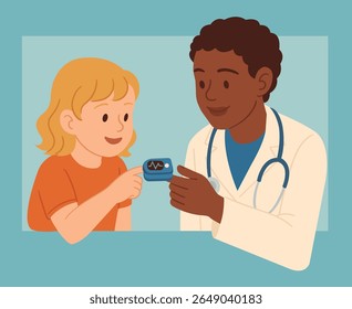 the doctor explains to the child how the heart rate monitor works. A doctor in a white coat with a stethoscope shows a small patient how to use a heart rate monitor. medical practice training.