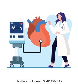 A doctor explains the human heart using a model and medical device. Perfect for healthcare, medical education, and anatomy websites.