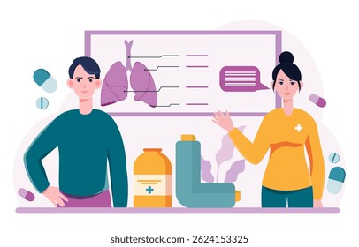 A doctor explains lung anatomy to a patient with asthma medication like an inhaler and pills on the table, shown in flat graphic style on white background. Concept of respiratory health. Vector