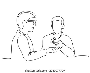 Doctor explains to patient how take medicine. Continuous One line drawing. Vector illustration