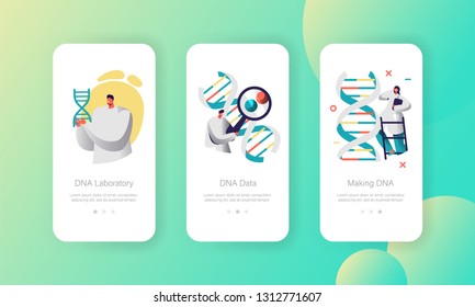 Doctor Explore Genome Pair in DNA Cell Mobile App Page Onboard Screen Set. Modern Healthcare Technology. Binary Medical Service Website or Web Page. Flat Cartoon Vector Illustration