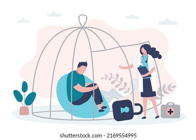 Doctor extending helping hand to sick person. Specialist helps guy get out of cage and cope with pain. Nurse provides medical care to man with disease. Healthcare concept. Flat vector illustration