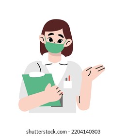 Doctor with a face mask and document case, folder in white apron , Covid 19 warrior concept, Thank you Doctor cute flat illustration.