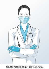 Doctor with face mask, medical gloves crossed arms. Female nurse character portrait wearing white coat, stethoscope, protective PPE. Vector sketch line illustration