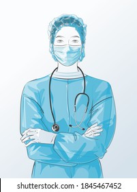 Doctor With Face Mask, Medical Gloves Crossed Arms. Female Nurse Character Portrait Wearing White Coat, Stethoscope, Protective PPE. Vector Sketch Line Illustration