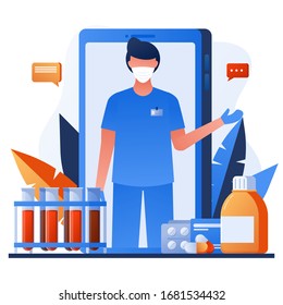 Doctor with face mask on mobile screen, examination and check up. Medical care illustration. Diagnosis of coronavirus. Healthcare concept banner. COVID-19. Online medical consultation,  tele medicine