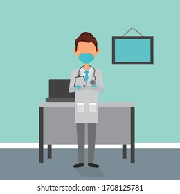 doctor with face mask in workplace vector illustration design