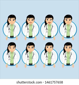 Doctor faces in different emotions. Vector cartoon round signs. - Vektör