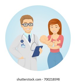 Doctor with family. Mother holds the baby. Doctor standing with stethoscope.
