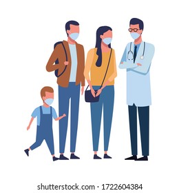 doctor with family using face mask for covid 19 vector illustration design