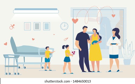 Doctor, Father and Mother with Newborn Baby and Eldest Kids at Hospital Ward. Son and Daughter with Flower Bouquet Greeting Mom. Husband Hugging Wife. Woman Holding infant in Hand. Vector Illustration