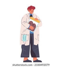 Doctor with feces pack for stool analysis. Medicine test vector clipart. Nurse with patient sample for virus and drug examination. Illness and sickness diagnosis accessory. Clinic and hospital
