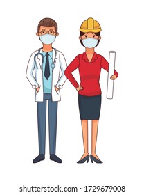 doctor and female architect using face masks vector illustration design